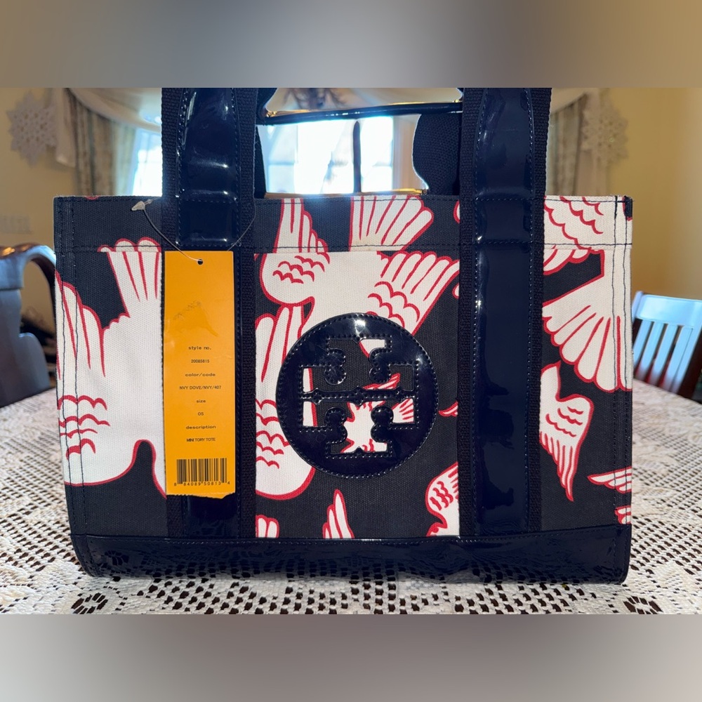 Tory Burch Black & White Canvas Tote with Red Accent - Picture 3 of 13